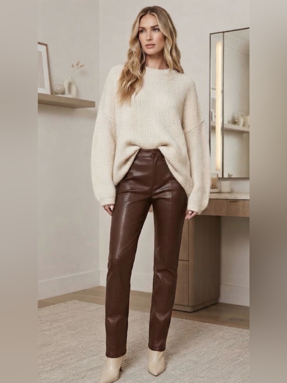 Zara Faux Leather Brown
 Pants  with Side Zips Black Waist 30